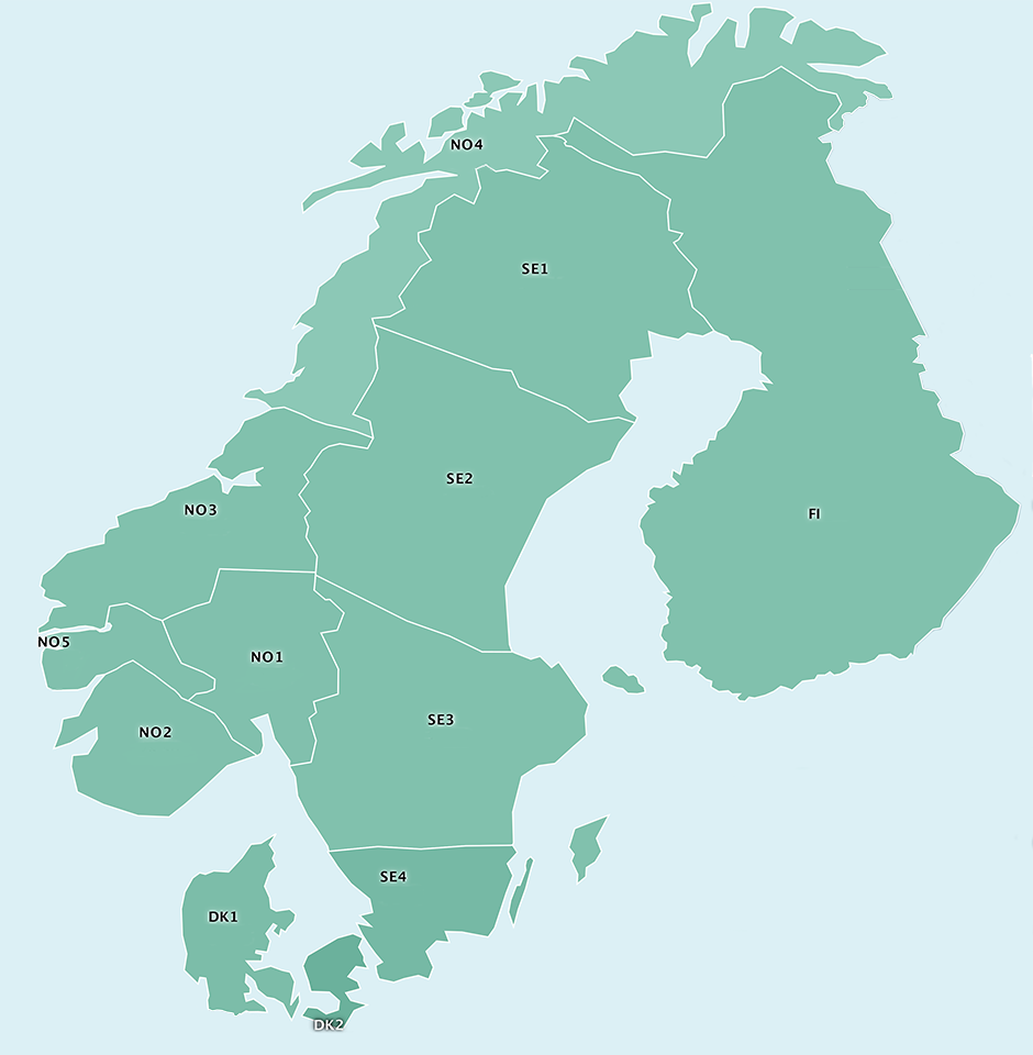 I tillegg til systemprisen beregner Nord Pool områdepriser som tar hensyn til flaskehalser i transmisjonsnettet. Områdeprisene er de prisene som skaper balanse mellom kjøps- og salgsbud fra aktørene innenfor de ulike budområdene i Norden. Norge har de seneste årene vært delt inn i fem budområder, Sverige er delt inn i fire områder, Danmark i to områder, mens Finland består av ett. I tillegg til systemprisen beregner Nord Pool områdepriser som tar hensyn til flaskehalser i transmisjonsnettet. Områdeprisene er de prisene som skaper balanse mellom kjøps- og salgsbud fra aktørene innenfor de ulike budområdene i Norden. Norge har de seneste årene vært delt inn i fem budområder, Sverige er delt inn i fire områder, Danmark i to områder, mens Finland består av ett.